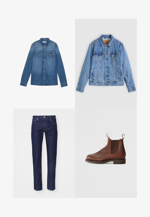 Lyseblå denimjakke med spids krave, to brystlommer og knaplukning, med en let falmet tekstur og kontrastsyning.; Mørkeblå denimskjorte med lange ærmer, klassisk krave, knaplukning fortil, to brystlommer og kontrasterende stiklinger på sømmene.; Mørkeblå denim jeans med lige pasform, fem-lomme design, kontrasterende orange syninger og en sølvknaplukning i taljen.; Brune læder Chelsea støvle med elastiske sidepaneler, træktab og en lav stablet hæl. Glat tekstur med rund tå og minimal detaljering.