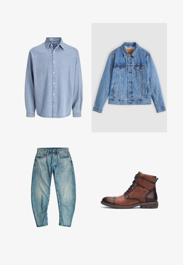 Hellblaue Jeansjacke mit spitzem Kragen, zwei Brusttaschen und Knopfverschluss, mit leicht ausgewaschener Textur und kontrastierenden Nähten.; Himmelblaue Jeanshemd mit langen Ärmeln, Kragen und weißen Knöpfen, präsentiert vor einem schlichten weißen Hintergrund.; Hellblaue, ausgewaschene Denim-Jeans mit Fronttaschen, Gürtelschlaufen, Knopfverschluss und leicht zulaufenden Beinen, flach auf weißem Hintergrund liegend.; Braunleder- und Stoff-Herrenstiefel mit Knöchelhöhe, Schnürung, Nähdetails, flachem Absatz und Markenlogo an der Seite.
