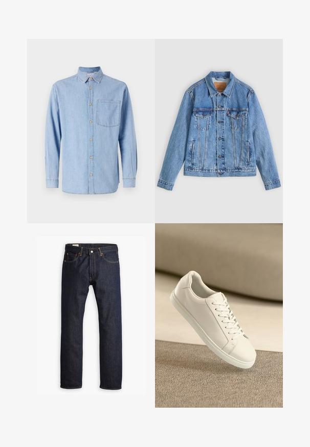 Hellblaue Jeansjacke mit spitzem Kragen, zwei Brusttaschen und Knopfverschluss, mit leicht ausgewaschener Textur und kontrastierenden Nähten.; Helles blaues Denimhemd mit Button-Down-Kragen, langen Ärmeln und einer einzelnen Brusttasche. Mit braunen Knopf-Details und kontrastierenden Nähten.; Dunkelblaue Jeans aus Denim mit geradem Bein, orangefarbener Naht und Fünf-Taschen-Stil sowie einer Metallknopfverschluss.; Weißes Leder Sneaker mit weißen Schnürsenkeln, auf einer beigefarbenen strukturierten Oberfläche präsentiert, und einem sanft verschwommenen Hintergrund.