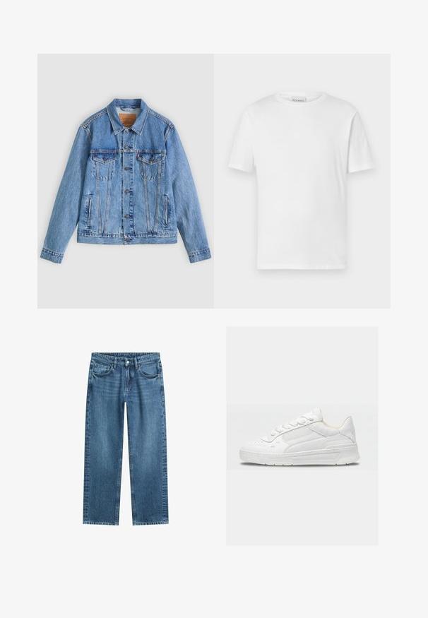 Lichtblauw spijkerjack met een puntige kraag, twee borstzakken en knoopsluitingen, met een licht verweerde textuur en contrasterende stiksels.; Witte t-shirt met korte mouwen van katoen. Heeft een ronde halslijn en een rechte zoom. Geen patronen of versieringen. Eenvoudig ontwerp.; Rechte blauwe denim jeans met klassiek ontwerp met vijf zakken en knoopsluiting op een witte achtergrond.; Witte lage sneaker met geperforeerde details en een mesh zijpaneel, met een dikke zool en veterontwerp.