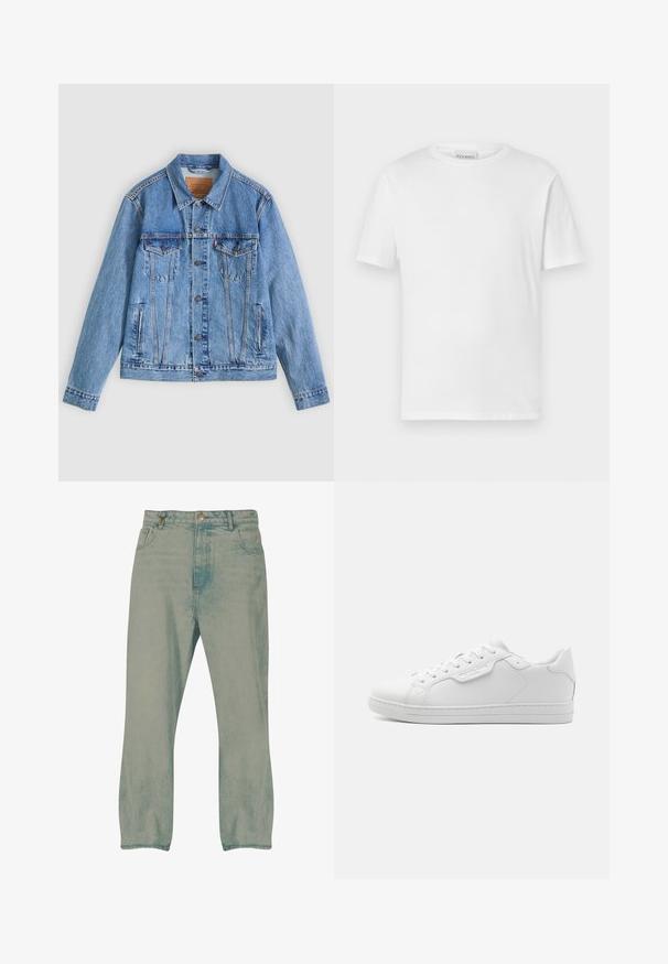 Lichtblauw spijkerjack met een puntige kraag, twee borstzakken en knoopsluitingen, met een licht verweerde textuur en contrasterende stiksels.; Witte t-shirt met korte mouwen van katoen. Heeft een ronde halslijn en een rechte zoom. Geen patronen of versieringen. Eenvoudig ontwerp.; Lichtblauwe rechte jeans met knopen aan de voorkant, riemlussen en voorzakken, weergegeven tegen een witte achtergrond.; Witte leren sneaker met een ronde neus, zes oogjes, platte veters en een minimalistisch ontwerp. Bevat een klein logo aan de zijkant.