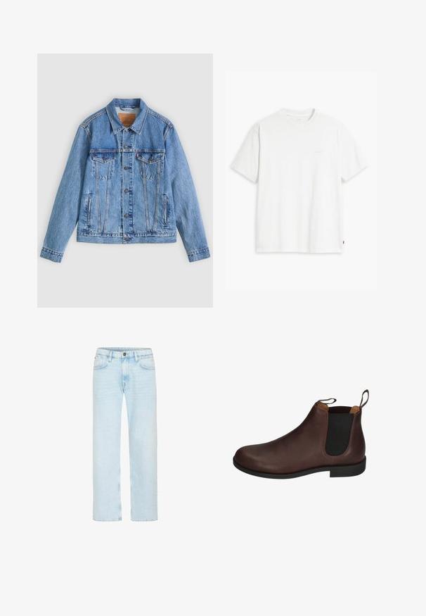Chaqueta de mezclilla azul claro con cuello puntiagudo, dos bolsillos en el pecho y botones como cierre, con una textura ligeramente descolorida y costuras en contraste.; Camiseta de algodón blanca con mangas cortas, cuello redondo y un sutil logo "Levi's" impreso en color claro en la parte frontal.; Vaqueros azul claro de pierna recta con botón y cremallera delanteros, trabillas para cinturón y bolsillos delanteros sobre un fondo blanco.; Blundstone CHESTNUT - Botines - braun kastanienbraun
