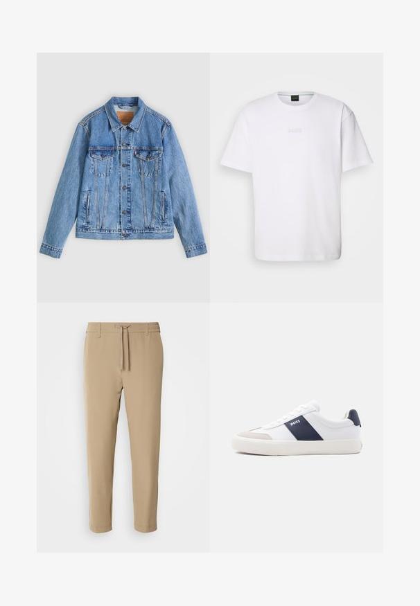 Lyseblå denimjakke med spids krave, to brystlommer og knaplukning, med en let falmet tekstur og kontrastsyning.; Hvid bomulds T-shirt med korte ærmer, rund halsudskæring og præget "BOSS" logo på brystet. Glat tekstur, standard pasform.; Beige, tapered bukser med elastisk talje og snor. Glat stof med et rent design uden synlige mønstre eller hardware.; Hvid sneakers med lav top med navyblå side stribe, "BOSS" logo, beige tåbeskytter og hvid sål, vist i profil på en lys baggrund.