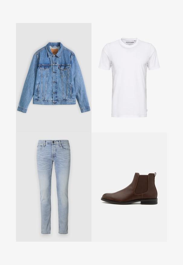 Lyseblå denimjakke med spids krave, to brystlommer og knaplukning, med en let falmet tekstur og kontrastsyning.; Hvid t-shirt med korte ærmer lavet af bomuld, med en rund hals og et enkelt design. Brandtag synlig på halsområdet. Ingen mønstre eller accenter.; Lyseblå denimjeans med slim fit, femlommesdesign og lynlås. Har subtil fading og syet detaljering langs sømmene.; Pier One Støvletter - brown