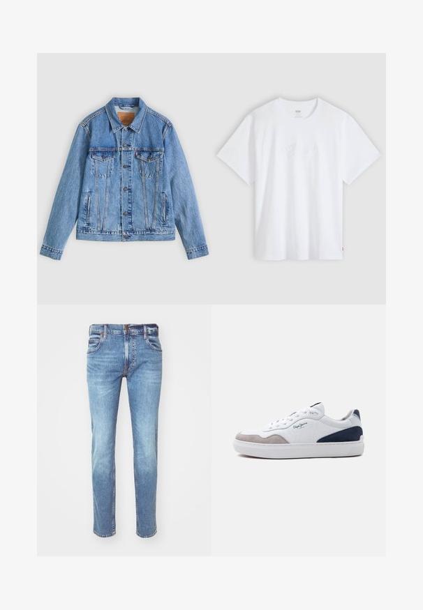 Veste en denim bleu clair avec un col pointu, deux poches poitrine et des fermetures à boutons, présentant une texture légèrement délavée et des coutures contrastées.; T-shirt blanc manches courtes à col rond avec un logo en écriture embossé subtil centré sur la poitrine et une petite étiquette rouge de la marque sur le côté.; Jean en denim bleu clair avec une coupe droite, design à cinq poches et coutures contrastantes, présentant une finition délavée et une coupe classique.; Baskets basses blanches avec l'avant en daim gris, talon en daim bleu marine, lacets blancs et logo "Pepe Jeans" sur le côté.