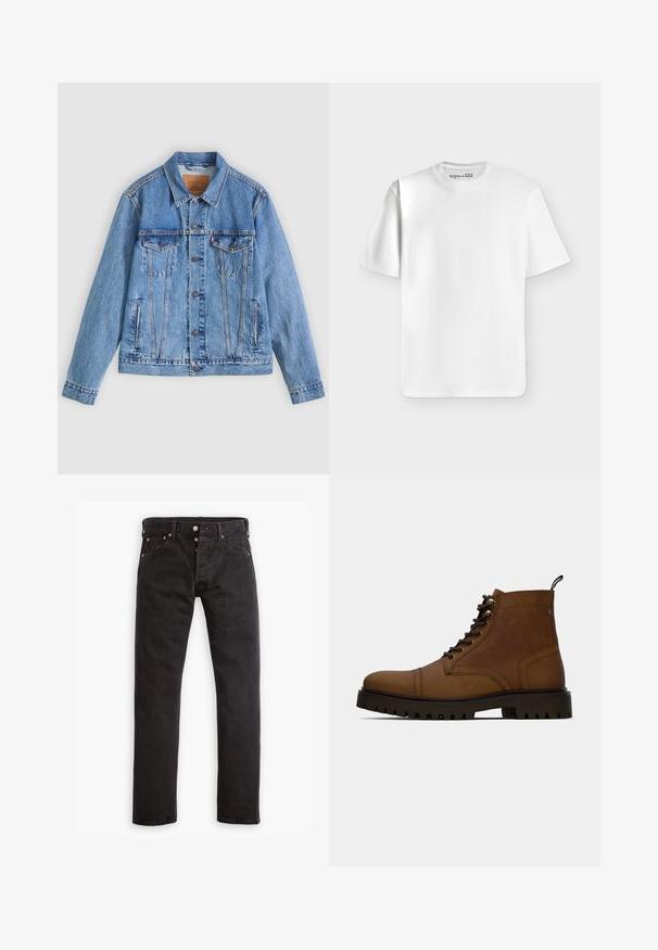 Lichtblauw spijkerjack met een puntige kraag, twee borstzakken en knoopsluitingen, met een licht verweerde textuur en contrasterende stiksels.; Effen wit T-shirt met korte mouwen en een ronde hals, plat liggend op een lichtgrijze achtergrond met een klein merkje aan de binnenkant van de halslijn.; Zwarte slim-fit jeans met knoopsluiting, vijf zakken en koperen klinknagels, plat gelegd op een witte achtergrond.; Bruine leren veterschoenen tot de enkel met dikke zwarte profielzool en een trekband op een witte achtergrond.