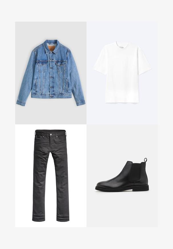 Chaqueta de mezclilla azul claro con cuello puntiagudo, dos bolsillos en el pecho y botones como cierre, con una textura ligeramente descolorida y costuras en contraste.; Camiseta lisa blanca de manga corta y cuello redondo con un corte relajado, mostrada sobre un fondo claro.; Vaqueros de mezclilla negros con un diseño clásico de pierna recta. Presentan bolsillos frontales, una bragueta con botones y detalles de costura sutiles.; Botas Chelsea de cuero negro con paneles laterales elásticos y una lengüeta. Punta redonda y suela de goma plana, con un acabado suave.