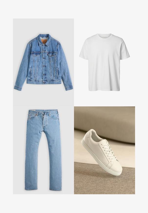 Hellblaue Jeansjacke mit spitzem Kragen, zwei Brusttaschen und Knopfverschluss, mit leicht ausgewaschener Textur und kontrastierenden Nähten.; Schlichtes weißes T-Shirt mit kurzen Ärmeln und Rundhalsausschnitt, lässiger Passform und ohne sichtbare Logos oder Designs auf der Vorderseite.; Hellblaue gerade geschnittene Jeans aus Denim mit Knopfverschluss, Gürtelschlaufen sowie Vorder- und Hintertaschen, auf einem weißen Hintergrund präsentiert.; Weißes Leder Sneaker mit weißen Schnürsenkeln, auf einer beigefarbenen strukturierten Oberfläche präsentiert, und einem sanft verschwommenen Hintergrund.