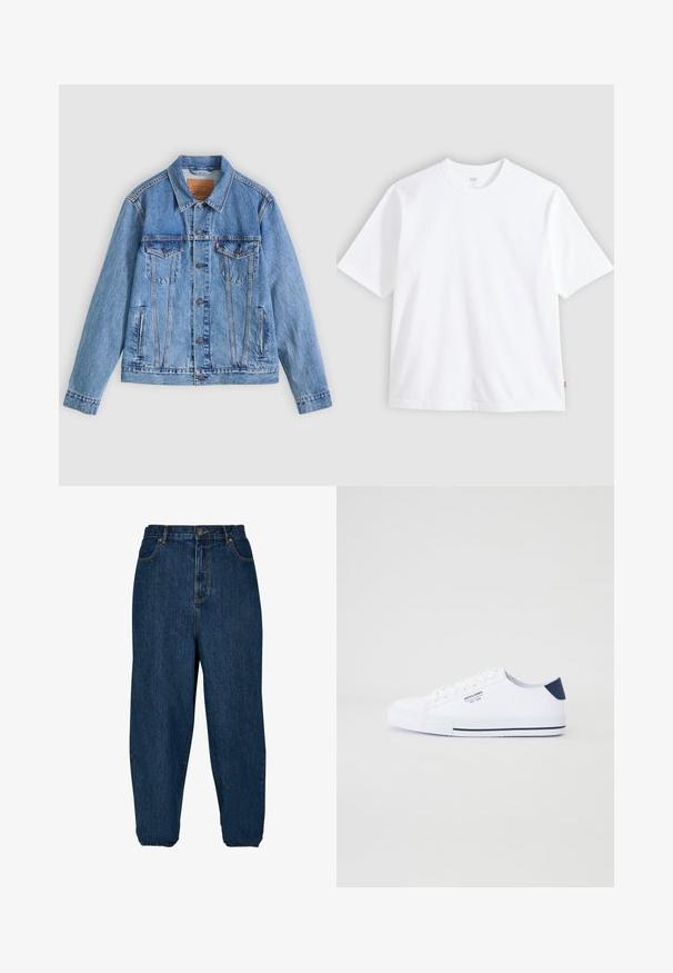 Veste en denim bleu clair avec un col pointu, deux poches poitrine et des fermetures à boutons, présentant une texture légèrement délavée et des coutures contrastées.; T-shirt blanc à manches courtes en coton, doté d'un col rond et d'une coupe droite. Étiquette visible sur l'ourlet latéral inférieur.; Jean en denim bleu foncé avec une coupe décontractée, taille haute et poignets élastiques. Il dispose d'une fermeture à bouton à l'avant et de cinq poches.; Baskets en toile blanches avec un accent de talon marine, semelle en caoutchouc plate, bout rond et lacets blancs. Présente un logo sur le côté.