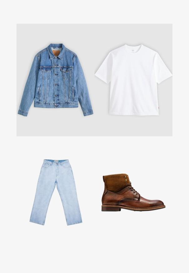 Lyseblå denimjakke med spids krave, to brystlommer og knaplukning, med en let falmet tekstur og kontrastsyning.; Hvid t-shirt med korte ærmer lavet af bomuld, med rund hals og lige snit. Mærke synligt på den nederste side af kanten.; Lyseblå jeans med høj talje og lige ben, forlommer, bæltestropper, knaplukning og en mærket inderlabel ved linningen.; Kazar ALID - Snørestøvletter - brown