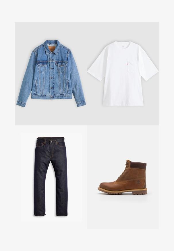 Hellblaue Jeansjacke mit spitzem Kragen, zwei Brusttaschen und Knopfverschluss, mit leicht ausgewaschener Textur und kontrastierenden Nähten.; Weißes Baumwoll-T-Shirt mit kurzen Ärmeln, rundem Ausschnitt und Brusttasche auf der linken Seite. Mit kleinem rotem Logotag an der Tasche.; Dunkelblaue gerade geschnittene Jeans aus Denim mit fünf Taschen und orangefarbenen Kontrastnähten, flach auf einem weißen Hintergrund ausgelegt.; Braune Lederwanderschuhe mit glatter Oberfläche, gepolstertem Knöchel, Metallösen und einer Gummisohle mit robustem Profil.