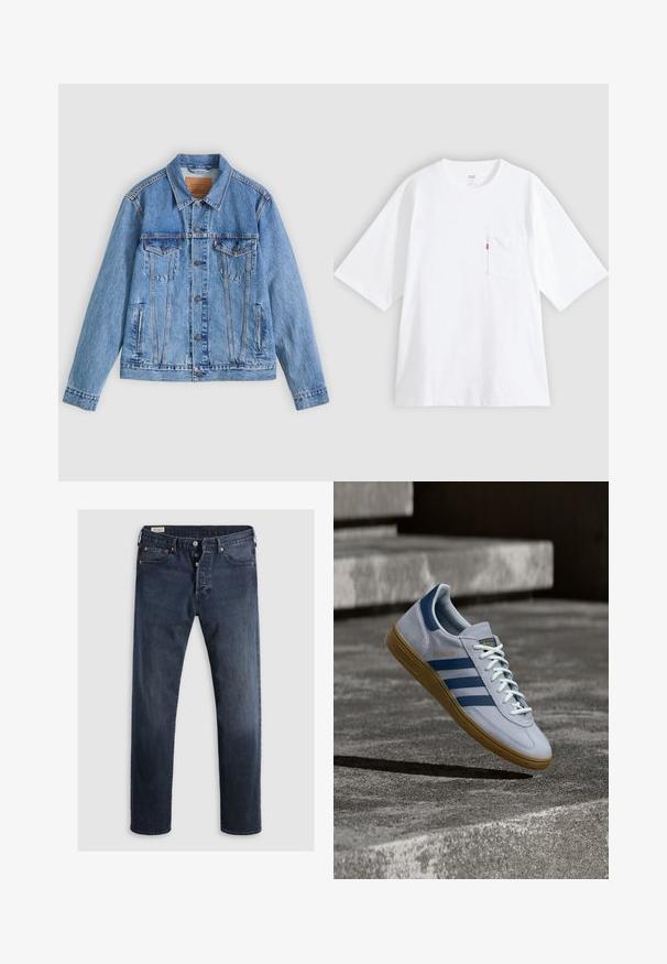 Veste en denim bleu clair avec un col pointu, deux poches poitrine et des fermetures à boutons, présentant une texture légèrement délavée et des coutures contrastées.; T-shirt en coton blanc à manches courtes, col rond et poche poitrine gauche. Comprend une petite étiquette logo rouge sur la poche.; Jeans en denim bleu foncé avec une coupe droite, dotés d'un zip et de boutons en métal, ainsi que d'accents de rivets en cuivre. Texture lisse, sans motifs visibles.; Baskets Adidas Spezial bleu clair avec des rayures bleu marine et une semelle en gomme, montrées en l'air au-dessus d'escaliers en béton dans un environnement extérieur neutre.