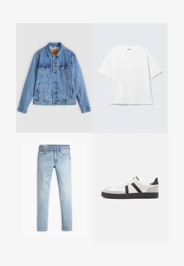 Hellblaue Jeansjacke mit spitzem Kragen, zwei Brusttaschen und Knopfverschluss, mit leicht ausgewaschener Textur und kontrastierenden Nähten.; Weißes oversized T-Shirt mit kurzen Ärmeln und Rundhalsausschnitt mit eingesetzten Schultern, flach auf hellgrauem Hintergrund.; Helle blaue, schmal geschnittene Jeans aus Denim mit Knopf- und Reißverschluss, Fronttaschen und Gürtelschlaufen auf weißem Hintergrund.; Weiße Sneaker mit schwarz- und grau-aczenten, ausgestattet mit einer strukturierten grauen Zehenkappe, schwarzer Gummi-Sohle und flachen weißen Schnürsenkeln. Sauberes Design, minimalistische Stil.