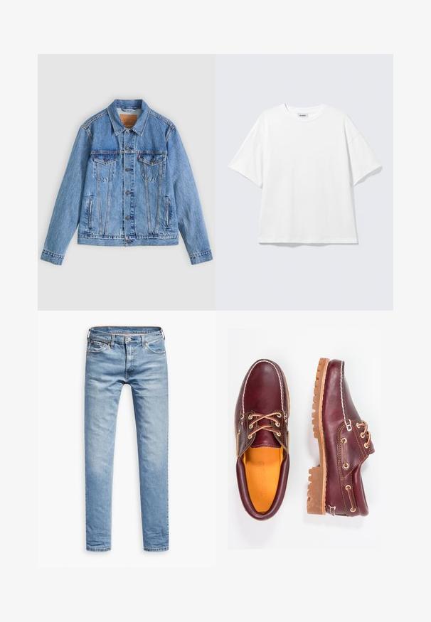 Lyseblå denimjakke med spids krave, to brystlommer og knaplukning, med en let falmet tekstur og kontrastsyning.; Hvid oversized t-shirt med korte ærmer og rund halsudskæring med sænkede skuldre, fladt lagt på lys grå baggrund.; Lyseblå denimbukser, lige pasform, fem-lomme design, med lynlås og knaplukning. Glat tekstur med subtile falmede detaljer.; Bordeaux lædersko med brune gummisåler, rund tå, hvid syning og gyldne snøringer. Indersiden har et gult for.