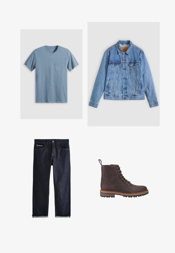 Hellblaue Jeansjacke mit spitzem Kragen, zwei Brusttaschen und Knopfverschluss, mit leicht ausgewaschener Textur und kontrastierenden Nähten.; Blaues T-Shirt mit kurzen Ärmeln und Rundhalsausschnitt mit einer Brusttasche, die ein kleines rotes Etikett auf weißem Hintergrund trägt.; Dunkelblaue Jeans aus Denim mit klassischem geradem Schnitt, fünf Taschen, Knopfverschluss und umgeschlagenen Bündchen, die eine hellblaue Innenseite zeigen.; Braune Leder-Stiefeletten mit Schnürung, strukturierter Oberfläche, kontrastierenden beigen Sohlen und Metallösen. Verfügen über eine Lasche zum einfachen An- und Ausziehen.