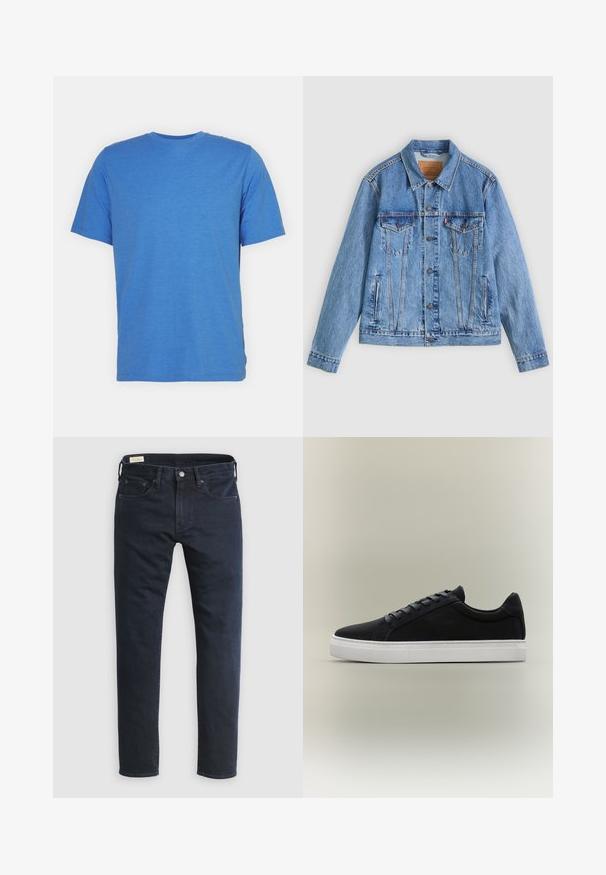 Hellblaue Jeansjacke mit spitzem Kragen, zwei Brusttaschen und Knopfverschluss, mit leicht ausgewaschener Textur und kontrastierenden Nähten.; Kurzarm-T-Shirt mit Rundhalsausschnitt in einfarbigem Blau. Hergestellt aus weichem, atmungsaktivem Stoff mit glatter Oberfläche und ohne Muster oder Akzente.; Dunkelblaue Jeans aus Denim mit geradem Bein, Fünf-Taschen-Design, vorderer Knopfleiste und minimalen Nähten.; Schwarzer Low-Top-Sneaker mit weißer Gummisohle, Schnürdesign und gepolstertem Kragen, dargestellt auf neutral grauem Hintergrund.
