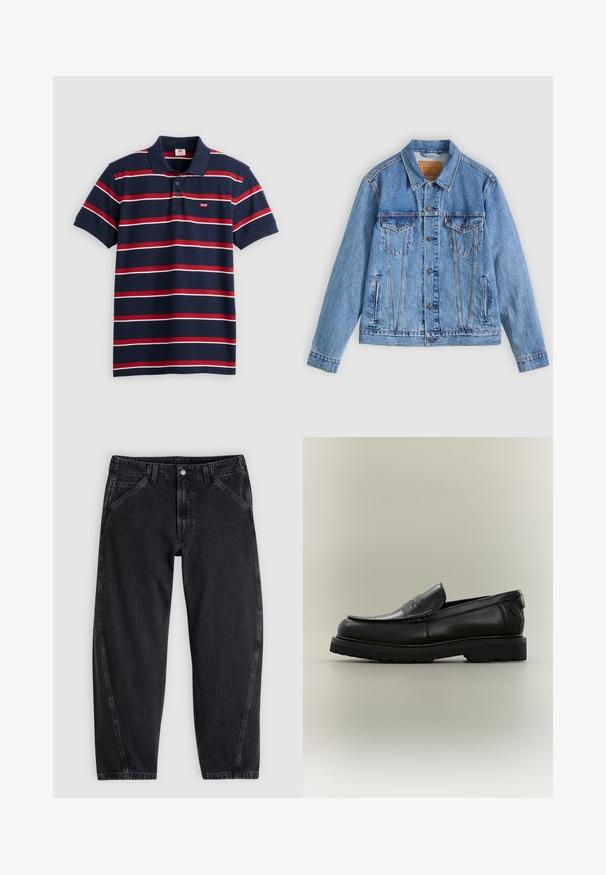 Lyseblå denimjakke med spids krave, to brystlommer og knaplukning, med en let falmet tekstur og kontrastsyning.; Marineblå polo-shirt med røde og hvide vandrette striber, tre-knaps placket og lille Levi's logo på brystet. Blødt bomuldsstof.; Sorte denimjeans med løs pasform, der har en standard-taljebånd, femlomme-design og kontrastsyning langs sømmene.; Sort læderloafer med en tyk gummisål, penny remdetalje og syning på mokkatoe-designet mod en neutral baggrund.