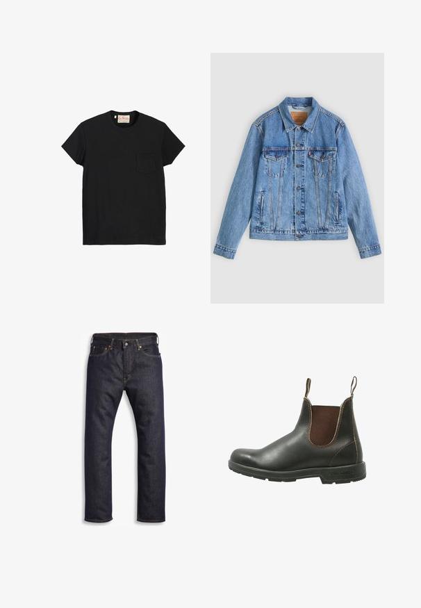 Chaqueta de mezclilla azul claro con cuello puntiagudo, dos bolsillos en el pecho y botones como cierre, con una textura ligeramente descolorida y costuras en contraste.; Camiseta de algodón negra con cuello redondo, mangas cortas y un bolsillo en el pecho izquierdo. Textura suave y diseño minimalista.; Vaqueros de denim azul oscuro con corte recto, diseño de cinco bolsillos, herrajes metálicos y costuras naranjas contrastantes. Textura suave, sin patrones visibles.; Botín Chelsea hecho de cuero negro liso con paneles de elastano marrón en los laterales, costuras en contraste y una suela de goma texturizada.