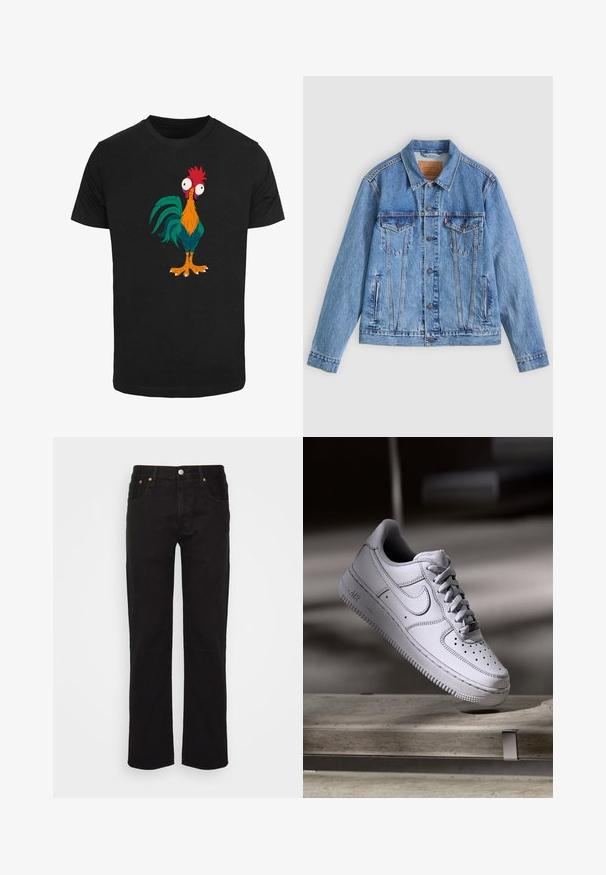 Lichtblauw spijkerjack met een puntige kraag, twee borstzakken en knoopsluitingen, met een licht verweerde textuur en contrasterende stiksels.; Zwarte T-shirt met een kleurrijk cartoon-haan ontwerp met overdreven kenmerken en grote ogen, met oranje, groene en rode accenten.; Zwarte recht gesneden jeans gemaakt van katoen. Heeft vijf zakken, een metalen knoop en oranje stikselaccenten aan de voorkant.; Witte Nike Air Force 1 sneaker van leer met geperforeerde neus, platte veters en een gestructureerde rubberen zool met "AIR"-logo aan de zijkant.