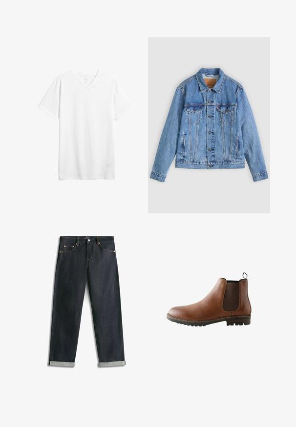 Hellblaue Jeansjacke mit spitzem Kragen, zwei Brusttaschen und Knopfverschluss, mit leicht ausgewaschener Textur und kontrastierenden Nähten.; Weißes kurzärmliges V-Ausschnitt-T-Shirt aus Baumwolle. Verfügt über einen lässigen Schnitt und eine glatte Textur ohne sichtbare Muster oder Grafiken.; Dunkelblaue Denim-Jeans mit umgeschlagenen Bündchen, fünf Taschen und kontrastierender Naht, flach auf weißem Hintergrund liegend.; Brauner Chelsea-Lederstiefel mit dunklem elastischem Seitenteil, Zuglasche an der Ferse und profiliertem Sohlenprofil vor weißem Hintergrund.