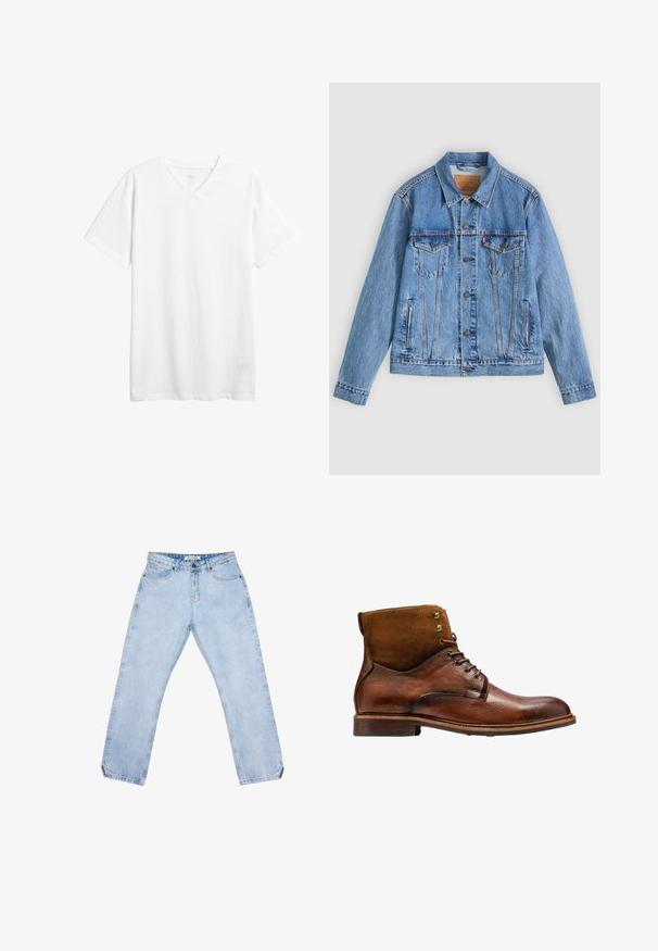 Lyseblå denimjakke med spids krave, to brystlommer og knaplukning, med en let falmet tekstur og kontrastsyning.; Hvid kortærmet v-hals t-shirt lavet af bomuld. Har en afslappet pasform og en glat tekstur uden synlige mønstre eller grafik.; Lyseblå denimjeans med lige ben, fem lommer, knappelukning og diskret falming. Ingen synlige mønstre eller logoer.; Kazar ALID - Snørestøvletter - brown
