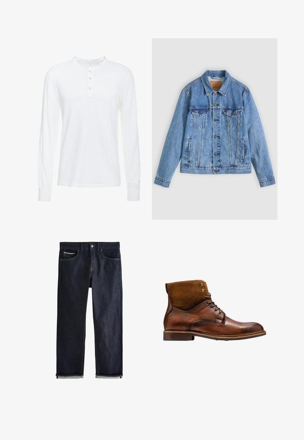 Chaqueta de mezclilla azul claro con cuello puntiagudo, dos bolsillos en el pecho y botones como cierre, con una textura ligeramente descolorida y costuras en contraste.; Camisa henley de manga larga blanca en tejido ligero, con cuello redondo, tapeta de tres botones y puños ajustados.; Vaqueros de mezclilla azul oscuro con puños doblados, cierre de botón y cremallera, bolsillos delanteros y para monedas, y costuras en contraste sobre un fondo blanco.; Kazar ALID - Botines con cordones - brown