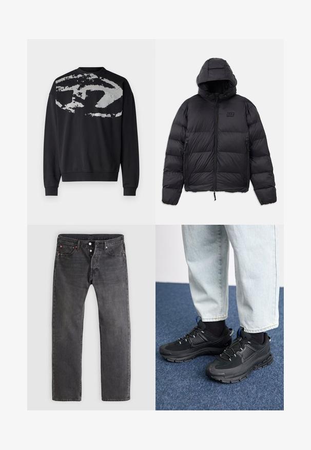 Chaqueta de plumas negra con capucha, con forma cuadrada, secciones acolchadas, bolsillos con cremallera y un pequeño parche con logo en el pecho.; Sudadera negra con un patrón abstracto y texturizado en gris en la parte trasera. Presenta un cuello redondo, mangas largas y puños acanalados.; Vaqueros de mezclilla negra descolorida con diseño de pierna recta, bragueta con botones y remaches de cobre. Cuenta con cinco bolsillos y patrones de desgaste sutiles.; Zapatillas deportivas negras con tejido texturizado y suelas de goma, con cordones elásticos y un acento azul en el talón. Combinadas con pantalones de mezclilla claros.