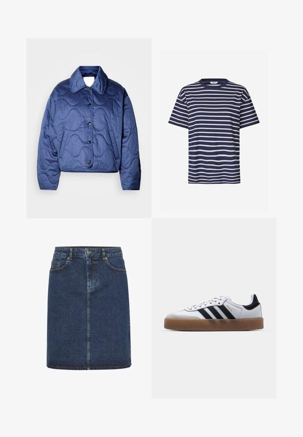 Navy blauwe gequiltte jas met een grote kraag, knoopsluiting en zijzakken. Gladde textuur met een golvend stikpatroon.; Envii KULLA - T-shirt print - navy fog; Donkerblauwe spijkerrok met een rechte snit, voorzien van een sluiting met knopen aan de voorkant, riemlussen en twee voorkeurszakken. Zachte textuur en zichtbare stiksels.; Witte leren sneakers met zwarte strepen, gumrubberen buitenzool, ronde neus, vetersluiting en een zachte grijze suède neuskap.