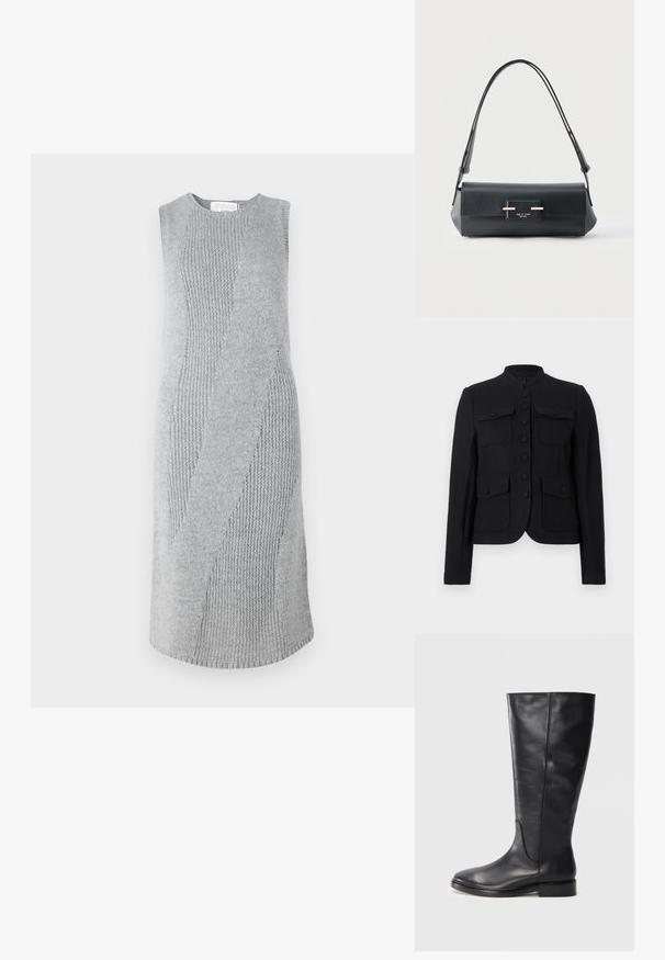 Veste noire cintrée avec un col haut, fermeture à boutons et quatre poches avant. Le tissu semble lisse avec une coupe structurée.; Robe grise en tricot avec un motif texturé en zigzag. Design sans manches, longueur genou, mettant en avant des sections de tissu côtelé et lisse.; Botte en cuir noire jusqu'au genou avec un petit talon et un bout arrondi, présentant des détails de couture le long de la tige et de l'empeigne.; Sac à bandoulière en cuir noir de forme rectangulaire, avec fermeture à rabat, sangle réglable et plaque logo "rag & bone New York" en ton or.