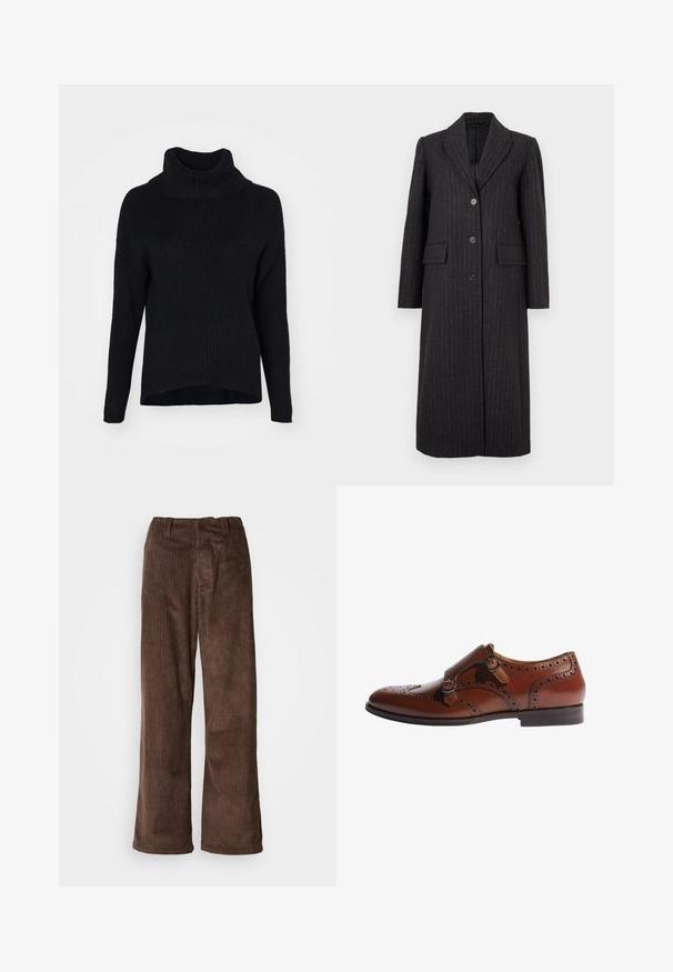 Selected Wool Blend Pinstriped - Manteau classique - dark grey; ONLY ONLKATIA SADDLE ROLL NECK - Pullover - black; Pantalons en velours côtelé marron avec une coupe ample, présentant des côtes verticales et une ceinture. Le tissu a une apparence douce et texturée.; Scarosso KATE BLUE - Derbies - brown