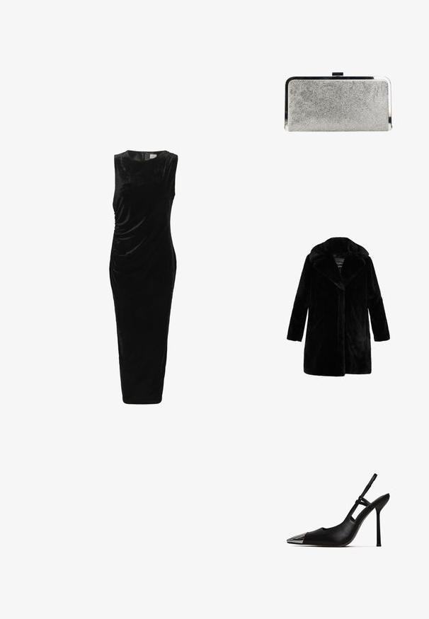 Schwarzer langer Kunstpelzmantel mit weitem Kragen und langen Ärmeln, auf weißem Hintergrund dargestellt.; Ärmelloses schwarzes Samt-Midi-Kleid mit Rundhalsausschnitt und seitlichem Raffung, figurbetonte Silhouette, Reißverschluss hinten.; Schwarzer Slingback-Pump mit spitzem Zeh und glänzender metallischer Kappe. Verfügt über einen hohen Stiletto-Absatz und einen schmalen Knöchelriemen. Glatte Lederoberfläche.; Rechteckige silberne Clutch-Tasche, bedeckt mit kleinen Strasssteinen, mit glänzendem Metallrahmen und Verschluss oben.