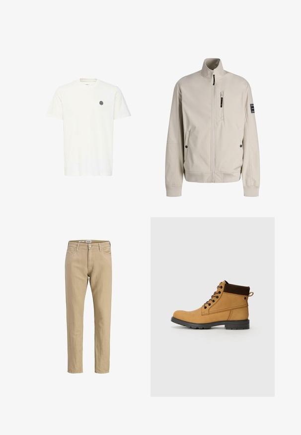 Lichtbeige jas met ritssluiting, opstaande kraag, twee steekzakken met knopen, een borstzak met rits en een merklabel op de linker mouw.; Witte T-shirt met korte mouwen van katoen, met een klein zwart geometrisch logo op de linkerborst. Rechte snit en ronde hals.; Beige broek met rechte pijpen, riemlussen, knoop- en ritssluiting aan de voorkant, en voor- en achterzakken.; Jack & Jones JFWCRANFIELD - Veterboots - honey