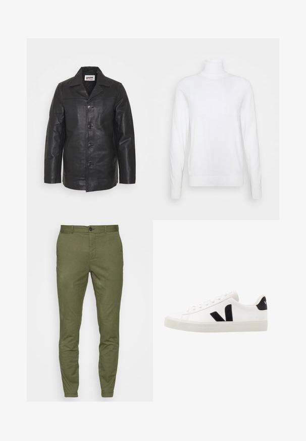 Schwarze Lederjacke mit Kragen, vorderem Knopfverschluss, seitlichen Taschen und glatter Oberfläche. Taillierte Passform mit klaren Linien.; Weißer Rollkragenpullover mit langen Ärmeln, aus glattem Stoff gefertigt. Verfügt über eine taillierte Passform sowie gerippte Bündchen und Saum. Keine Muster oder Akzente.; Olivgrüne Chinos mit schlankem Schnitt, ausgestattet mit einem vorderen Knopfverschluss, Gürtelschlaufen und einer glatten, mittelschweren Stofftextur.; Weiße Leder-Sneaker mit schwarzen Wildlederelementen; verfügen über eine Gummisohle, eine runde Spitze und ein klassisches Schnürdesign. Seitliches Logo in Schwarz.