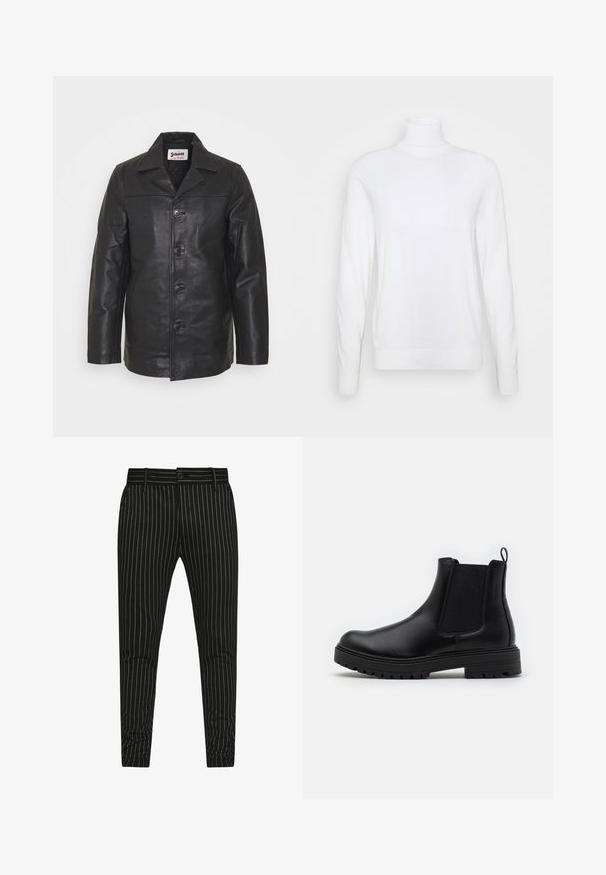 Sort læderjakke med krave, frontlukning med knapper, sidelommer og glat overflade. Skræddersyet pasform med rene linjer.; Hvid turtleneck sweater med lange ærmer, lavet af glat stof. Har et tætsiddende design og ribbede manchetter og kant. Ingen mønstre eller accenter.; Sorte stribede bukser med lodrette hvide striber, i en slim fit-design, og med knaplukning samt bæltestropper for justerbar pasform.; Zign by Zalando LEATHER - Støvletter - black