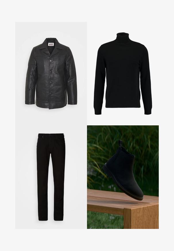 Veste en cuir noir avec un col, fermeture à boutons à l'avant, poches latérales et texture lisse. Coupe ajustée avec des lignes nettes.; Un pull à col roulé noir en matière tricotée douce. Il possède des manches longues, un col et un ourlet côtelés. Son design est simple et épuré, sans motifs.; Chino en coton noir avec une coupe slim, fermeture par bouton supérieur et design à cinq poches. Doté de passants de ceinture et d'une texture lisse et uniforme.; Botte Chelsea noire en cuir lisse, avec un onglet de traction, un bout rond, des panneaux latéraux élastiques et un talon bas. Présentée sur une surface en bois.