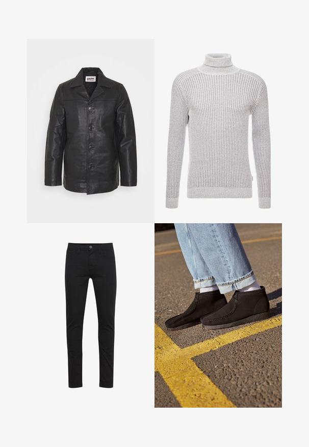 Schwarze Lederjacke mit Kragen, vorderem Knopfverschluss, seitlichen Taschen und glatter Oberfläche. Taillierte Passform mit klaren Linien.; Grauer gerippter Rollkragenpullover mit langen Ärmeln, der ein strukturiertes Muster und eine taillierte Silhouette im Hals- und Armabschluss aufweist.; Schwarze Skinny-Jeans aus leichtem Stoff, mit einem Frontknopfverschluss, fünf Taschen und dezenten Nahtdetails.; Schwarze Wildleder-Ankle-Boots mit glatter Textur, abgerundetem Zeh und genähten Details. Kombiniert mit hellblauen, hochgekrempelten Jeans und weißen Socken.