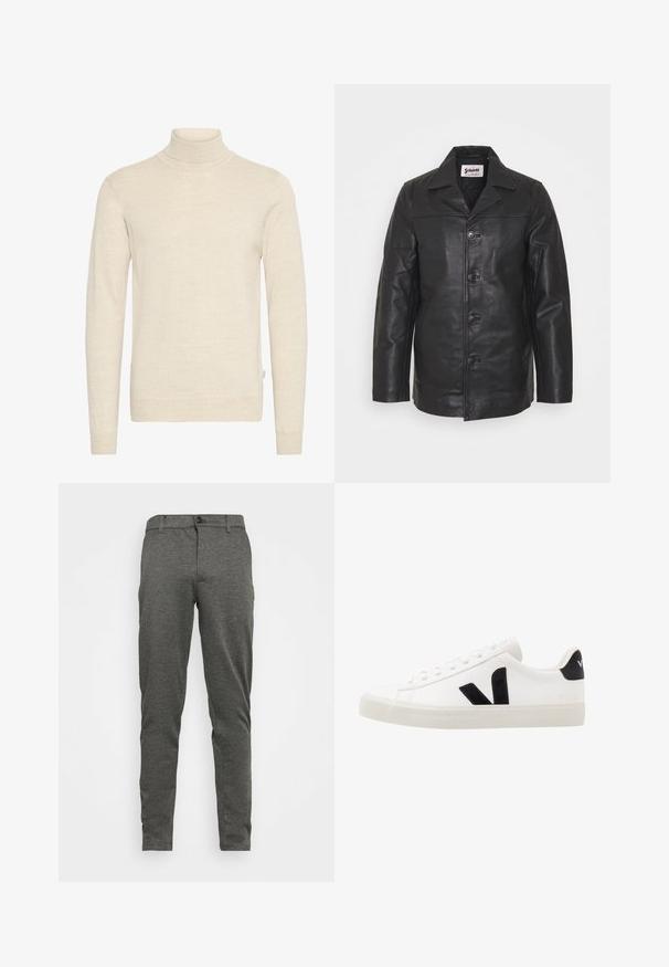 Veste en cuir noir avec un col, fermeture à boutons à l'avant, poches latérales et texture lisse. Coupe ajustée avec des lignes nettes.; Pull à col roulé beige en tissu tricoté doux. Il présente des manches longues et une coupe ajustée, avec un col et des poignets côtelés.; Pantalons en motif chevrons gris avec une coupe droite, dotés d'une fermeture à bouton à l'avant et de poches sur les côtés. Fabriqués en tissu texturé.; Sneaker blanche en cuir avec des accents en daim noir ; dispose d'une semelle en caoutchouc, d'un bout rond et d'un design classique à lacets. Logo latéral en noir.