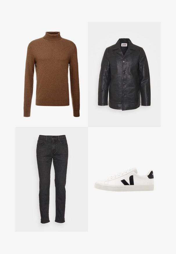 Veste en cuir noir avec un col, fermeture à boutons à l'avant, poches latérales et texture lisse. Coupe ajustée avec des lignes nettes.; Pull en col roulé marron en tissu doux, avec des manches longues, des poignets côtelés et une coupe ajustée sans motifs visibles.; Jean en denim noir avec une coupe ajustée, comportant cinq poches, des passants de ceinture et des détails de couture subtils. Texture usée sur le tissu.; Sneaker blanche en cuir avec des accents en daim noir ; dispose d'une semelle en caoutchouc, d'un bout rond et d'un design classique à lacets. Logo latéral en noir.
