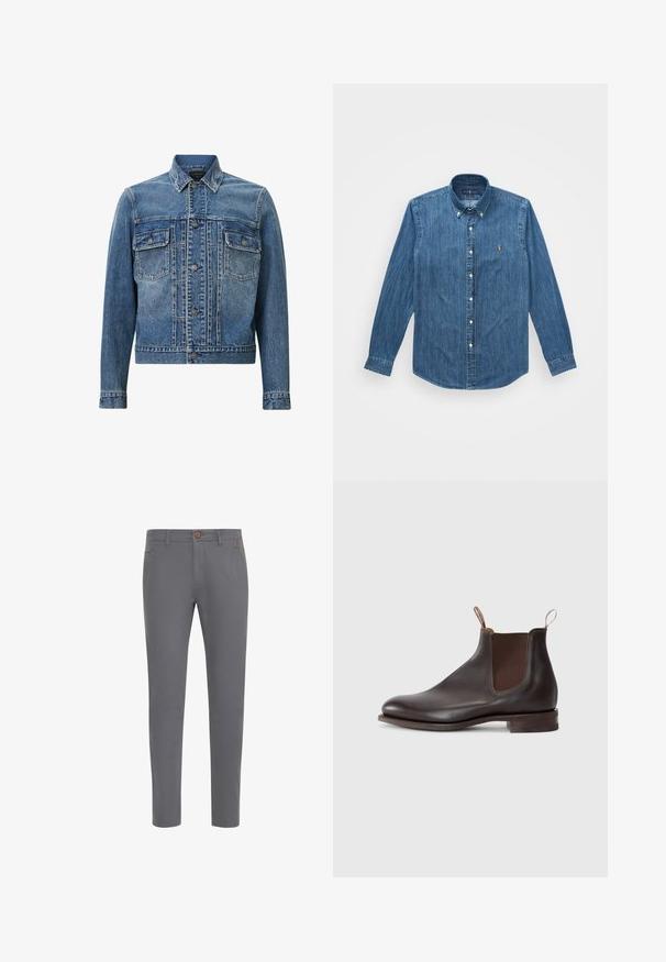 Sinine teksajakk, mis on klassikalise disainiga, kahe esipocketiga, nööbiga kinnitamine ning valgelt pleekinud detailide ja tekstuuri jaoks.; Denim särk, millel on pikad varrukad, nupuga krae ja peen vertikaalne triipude muster, keskmises sinises värvitoonis ning logoga aktsent.; Hallid puuvillased püksid, millel on istuv disain, nupuga sulgemine, tavalised taskud ja sile tekstuur.; Pruun nahk Chelsea saabas, millel on elastsed külgpaneelid, tõmbetõmme, ümar varvas ja madal laotud konts. Sile pind, minimalistlik disain.