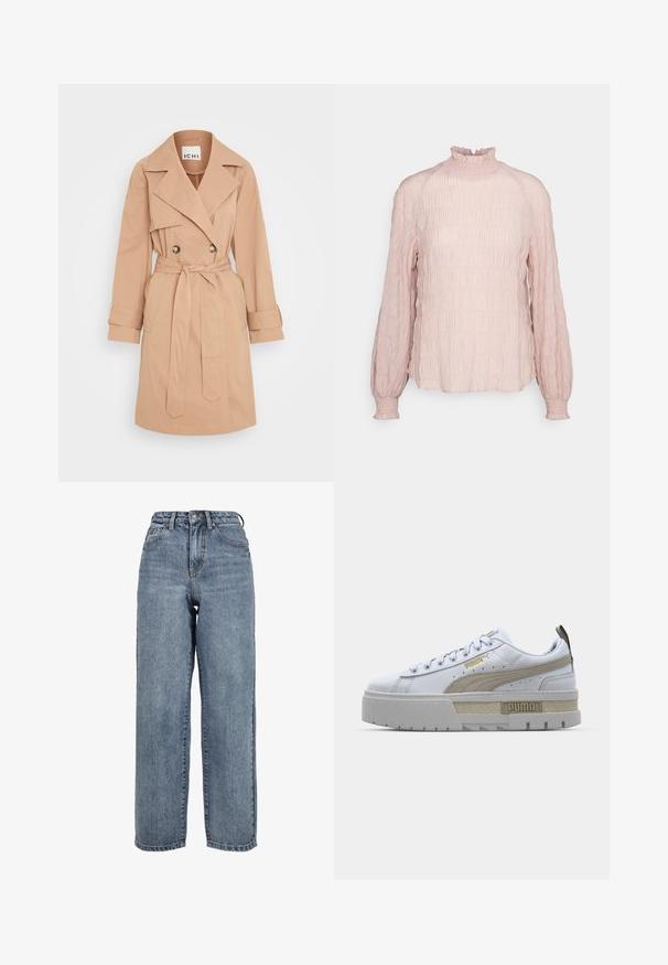 Trench de color beige fabricado en una tela ligera, con un diseño de doble botonadura, cinturón y amplio cuello con muescas. Los detalles finales incluyen puños enrollados.; Blusa rosa de manga larga con textura y cuello alto con volantes, que presenta detalles gather y puños ajustados, fabricada en un material ligero.; Vaqueros de pierna ancha de color azul claro, hechos de denim, con una cintura alta, diseño de cinco bolsillos y costuras visibles a lo largo de las costuras.; Zapatilla blanca con una prominente franja beige, suela gris gruesa y detalles en dorado. Presenta cordones redondos y una lengüeta texturizada con el logo.