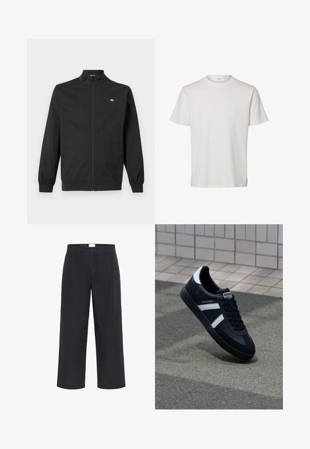 Sort lynlåstrøjejakke med ståkrave, elastiske manchetter, sidelommer og lille rektangulært logoområde på brystet.; Enkelt hvid t-shirt med korte ærmer og rund halsudskæring med en diskret ribbet tekstur og et lille mærke indeni kraven.; Matinique MACHINO PLEAT 73 - Bukser - black; Sort lædersneaker med hvide striber, tekstureret gummisål og snørrebånd foran. Har et brandet mærke på tungen.