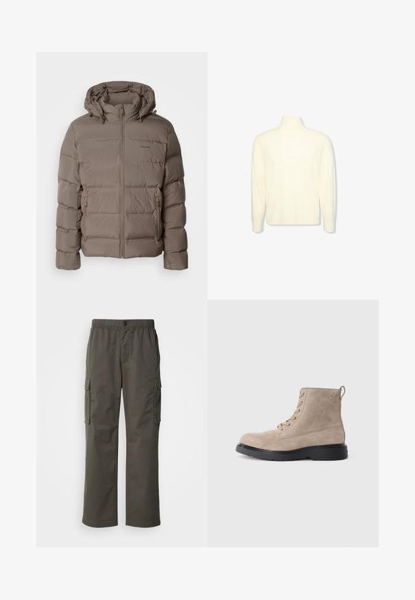 Lettejakke i dæmpet beige, med hætte, lynlås foran og sidelommer med lynlås. Lavet af quiltet, polstret materiale for varme.; Kremfarvet langærmet højhalset sweater med ribbet manchetter og et diskret logo på brystet, vist på en ensfarvet hvid baggrund.; Cargo bukser i mørkegrå med elastisk talje, to sidelommer og en afslappet pasform. Fremstillet af holdbart stof med en glat tekstur.; Beige ruskindsankelstøvler med sort gummisål, snørelukning og et lille logo præget på siden, med en løftestrop bagpå.