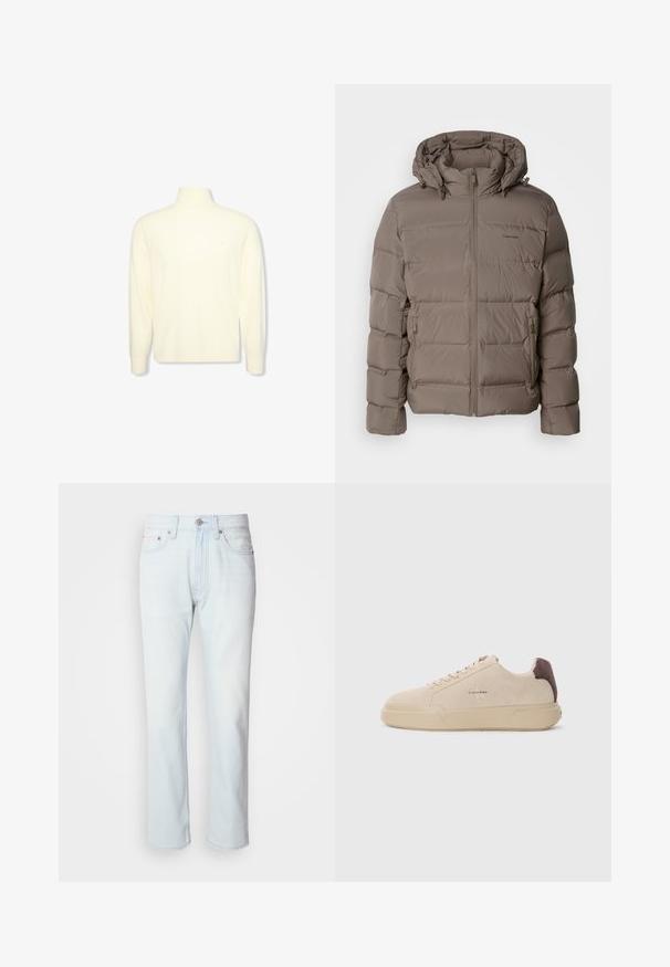 Pufferjack in gedempt beige, voorzien van een capuchon, ritssluiting aan de voorkant en zijzakken met rits. Gemaakt van gewatteerd materiaal voor warmte.; Roomkleurige coltrui met lange mouwen, geribde boorden en een subtiel logo op de borst, getoond op een effen witte achtergrond.; Lichtblauwe denim jeans met een rechte pijp. Voorzien van een knoopsluiting en riemlussen, met een vervaagde textuur en minimale stiksels.; Beige suède sneakers met een ronde neus, vetersluiting aan de voorkant en een bruine suède accent op de hiel. Beschikt over een gestructureerde rubberen zool.