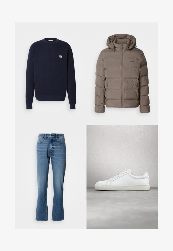 Veste rembourrée en beige doux, dotée d'une capuche, d'une fermeture éclair à l'avant et de poches zippées sur les côtés. Fabriquée en matériau matelassé et rembourré pour la chaleur.; Pull en tricot bleu marine avec une texture côtelée, col rond et patch logo sur la poitrine gauche. Poignets et ourlet ajustés.; Jeans en denim bleu clair avec une coupe droite et une légère évasée. Comprend cinq poches, une fermeture à bouton et des détails de décoloration subtils.; Sneaker blanche avec une tige en cuir lisse et un profil bas. Présente un bout arrondi, six œillets et une semelle en caoutchouc texturé.
