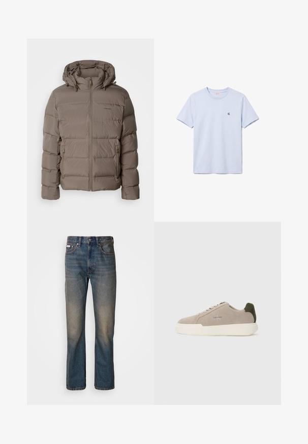 Veste rembourrée en beige doux, dotée d'une capuche, d'une fermeture éclair à l'avant et de poches zippées sur les côtés. Fabriquée en matériau matelassé et rembourré pour la chaleur.; T-shirt uni bleu clair à manches courtes et col rond avec petit logo noir "cK" sur le côté gauche de la poitrine.; Jean taille haute bleu en denim, avec une coupe droite, des patchs décolorés et usés, et un style traditionnel à cinq poches.; Baskets en suède beige avec une semelle en caoutchouc blanche, présentant un accent de talon vert foncé et une branding subtile sur le côté.