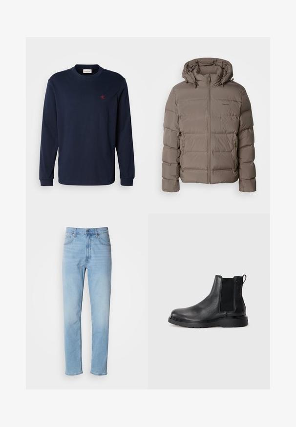 Lettejakke i dæmpet beige, med hætte, lynlås foran og sidelommer med lynlås. Lavet af quiltet, polstret materiale for varme.; Mørkeblå langærmet crewneck-shirt med lille rød "cK" logo på venstre bryst og ribbede manchetter.; Lys blå denim jeans med lige pasform, fem lommer og bæltestropper. Stoffet har en glat overflade med en let falmningseffekt.; Sorte læder chelsea støvler med tekstureret finish, elastiske sidepaneler og en robust gummisål. Subtil branding på hælen.