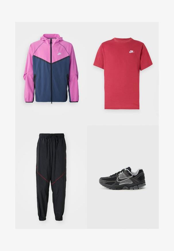 Chaqueta cortaviento de Nike con la parte superior en color rosa y la parte inferior en color marino, con cremallera frontal, capucha y bolsillos laterales.; Camiseta roja de manga corta Nike con logo blanco en el pecho izquierdo, cuello redondo y diseño liso sobre un fondo neutro.; Pantalones de chándal negros hechos de una tela ligera con costuras rojas de acento, cintura elástica con cordón y puños elásticos.; Zapatilla deportiva negra con paneles de malla y detalles sintéticos. Presenta una punta redondeada, suela gruesa acolchada y detalles de logo en blanco que contrastan.