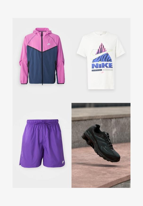 Chaqueta cortaviento de Nike con la parte superior en color rosa y la parte inferior en color marino, con cremallera frontal, capucha y bolsillos laterales.; Camiseta blanca de algodón con un gráfico colorido de una pirámide rosa y azul con rayas de cebra, un gran logo de Nike y texto inspirado en el deporte.; Bañador morado con cintura elástica y cordón. Presenta aberturas laterales y un pequeño logo blanco en el dobladillo inferior. Textura suave.; Zapatilla deportiva negra con entresuela visible con amortiguación de aire que flota sobre una superficie de piedra rosa con un fondo de pared de piedra gris.