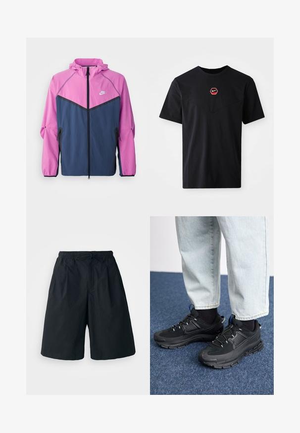 Chaqueta cortaviento de Nike con la parte superior en color rosa y la parte inferior en color marino, con cremallera frontal, capucha y bolsillos laterales.; Camiseta negra de mangas cortas hecha de algodón, con un logo hexagonal de Nike en rojo y blanco en el pecho y un escote redondeado.; Pantalones cortos negros con cintura elástica y cordón ajustable. Hechos de una tela suave, con un corte holgado y sin patrones visibles.; Zapatillas deportivas negras con tejido texturizado y suelas de goma, con cordones elásticos y un acento azul en el talón. Combinadas con pantalones de mezclilla claros.