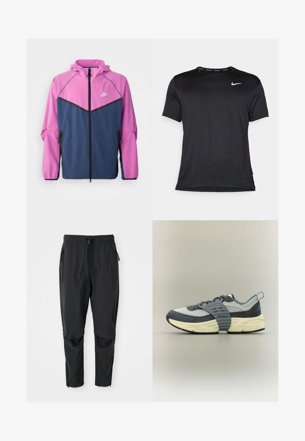 Chaqueta cortaviento de Nike con la parte superior en color rosa y la parte inferior en color marino, con cremallera frontal, capucha y bolsillos laterales.; Camiseta deportiva de manga corta negra, con cuello redondo, tejido transpirable, sutil patrón de puntos elevados y un pequeño logo blanco de Nike en el pecho.; Pantalones ligeros negros con cintura elástica, cordón ajustable, bolsillos laterales con cremallera, rodilleras articuladas y cremalleras en los tobillos.; Zapatilla baja con parte superior de malla gris y ante, entresuela color crema, suela exterior negra y una amplia correa gris atravesando el mediopié.